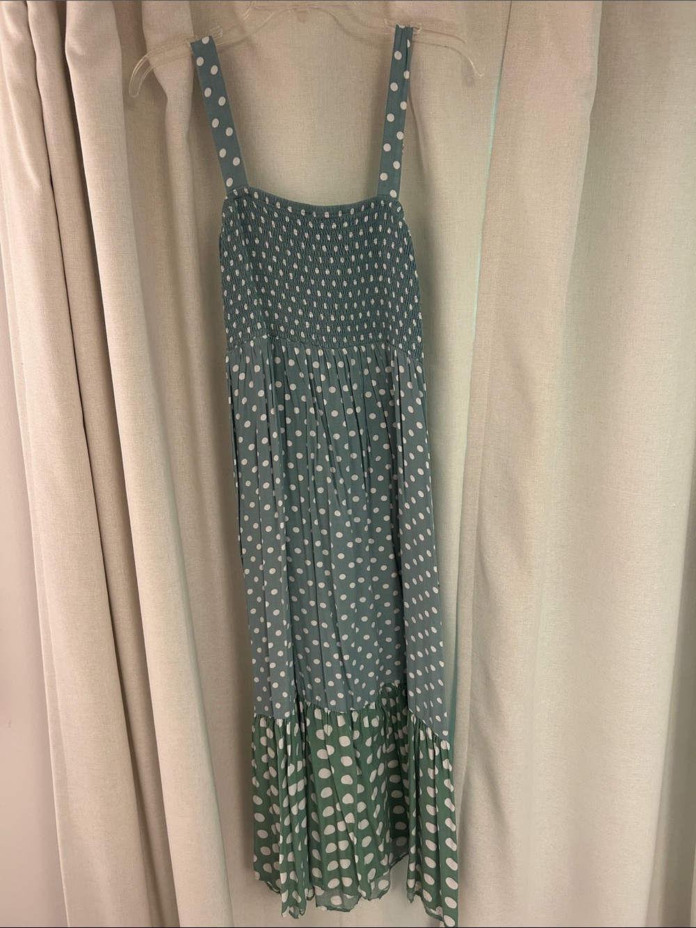 Polka Dot Smocked Maxi Dress in Teal and Sage